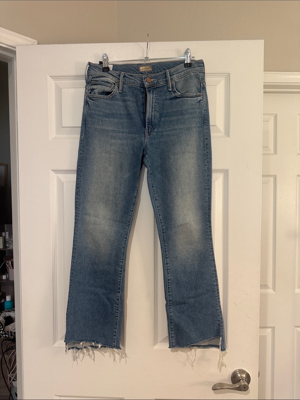 Mother Blue Raw-Hem Straight Jeans